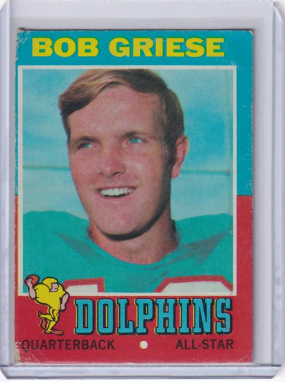 Vintage Topps Football card of Bob Griese, Miami Dolphins quarterback from 1971