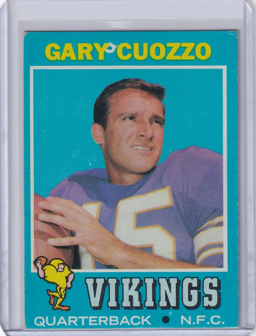 Vintage Topps Football card of Gary Cuozzo, Minnesota Vikings quarterback in purple jersey