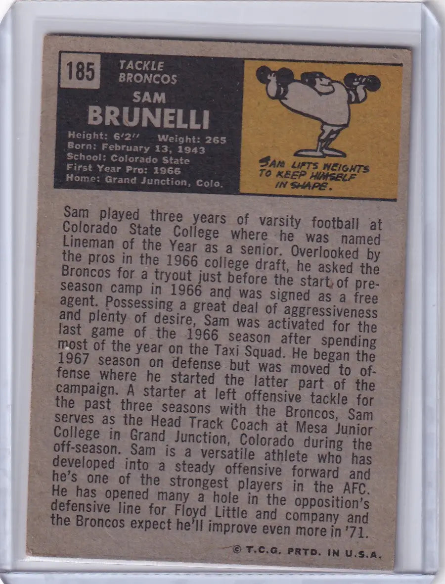 Topps Football trading card of Sam Brunelli from the Denver Broncos, 1966 edition