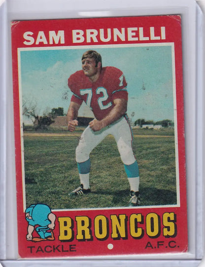 Vintage Topps Football trading card of Sam Brunelli in Denver Broncos red jersey 72