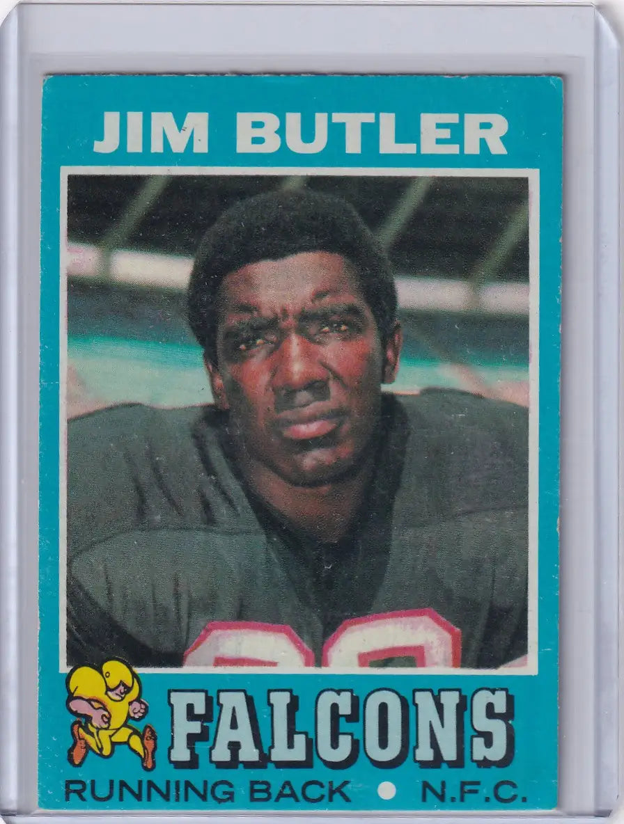 Vintage Topps Football card of Jim Butler, Atlanta Falcons running back from 1971