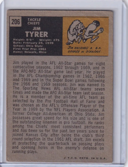 Vintage Topps Football card of Jim Tyrer, Kansas City Chiefs player with mascot art