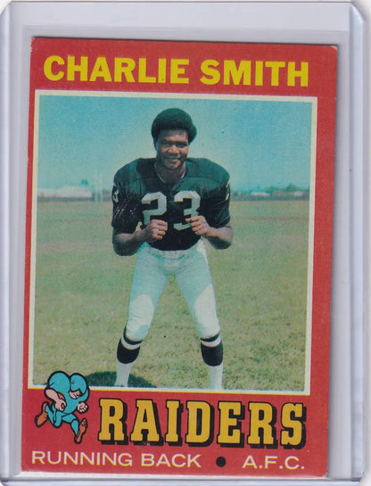 Vintage Topps Football card of Charlie Smith, running back for the Oakland Raiders