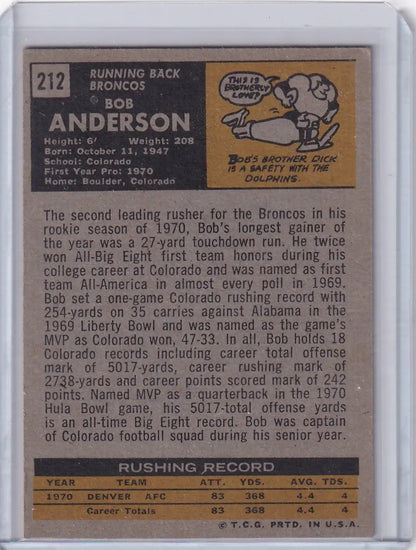 1971 Topps Football card of Bob Anderson from the Denver Broncos RC