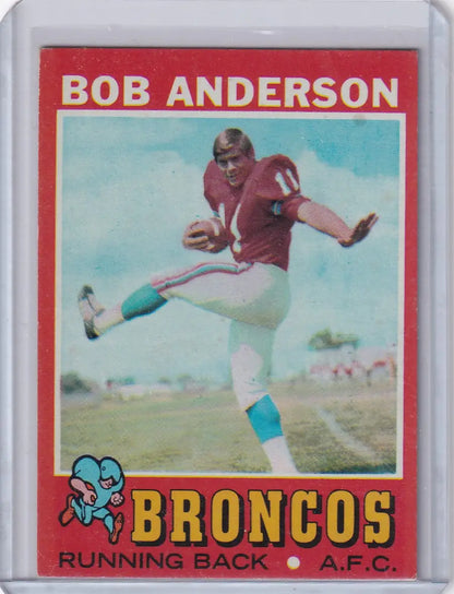 Vintage Topps Football card of Bob Anderson in kicking pose for Denver Broncos RC