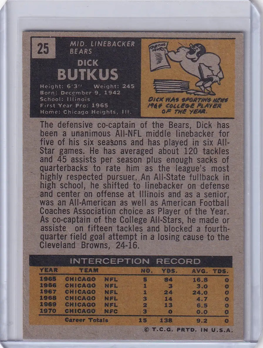 Vintage 1971 Topps Football card featuring Dick Butkus of the Chicago Bears