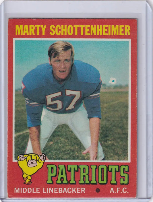 Vintage Topps Football trading card of Marty Schottenheimer, New England Patriots player