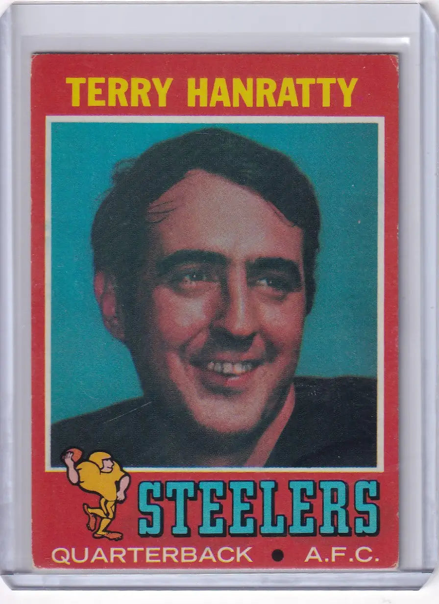 Vintage Topps Football trading card of Terry Hanratty, smiling quarterback for Pittsburgh Steelers