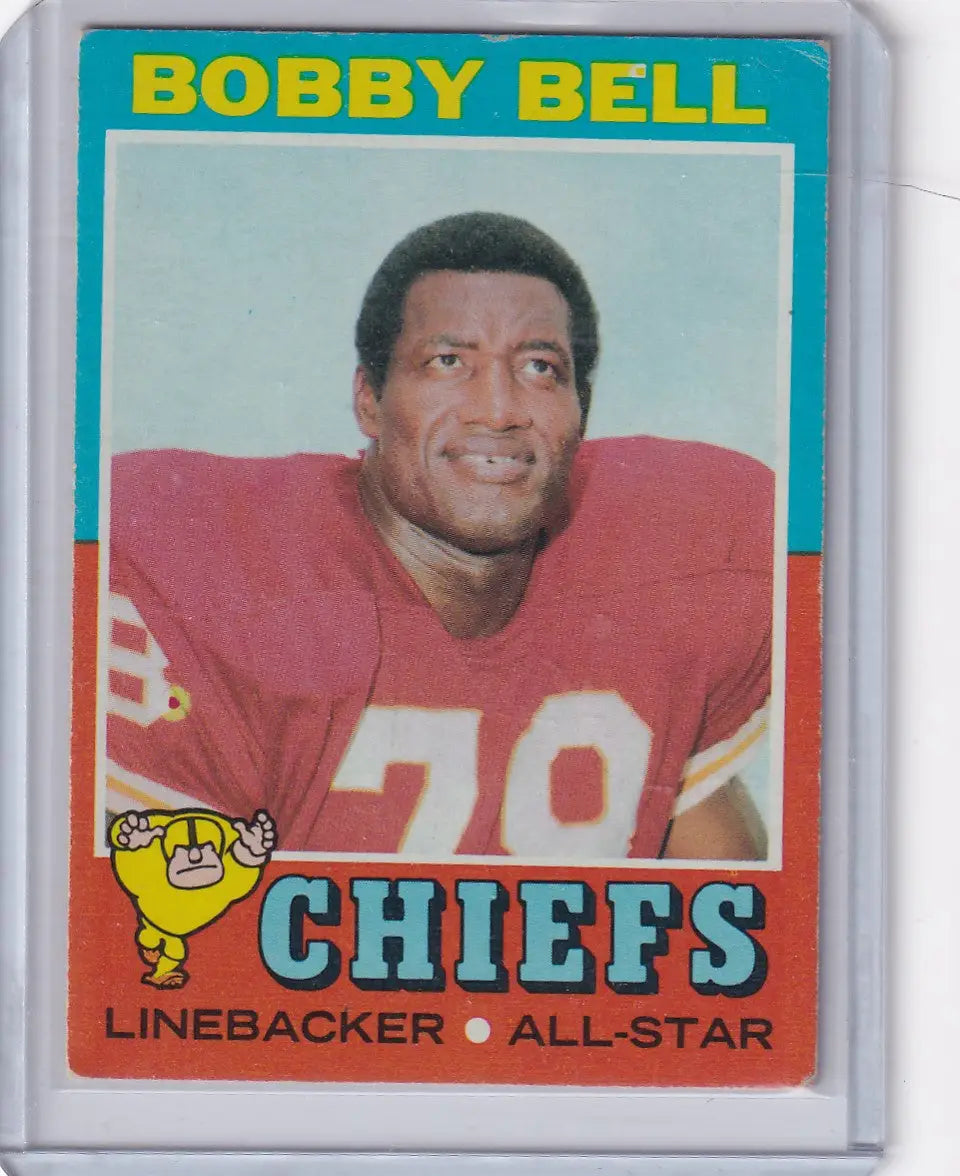 Football trading card of Bobby Bell in a Kansas City Chiefs red jersey, Topps Football