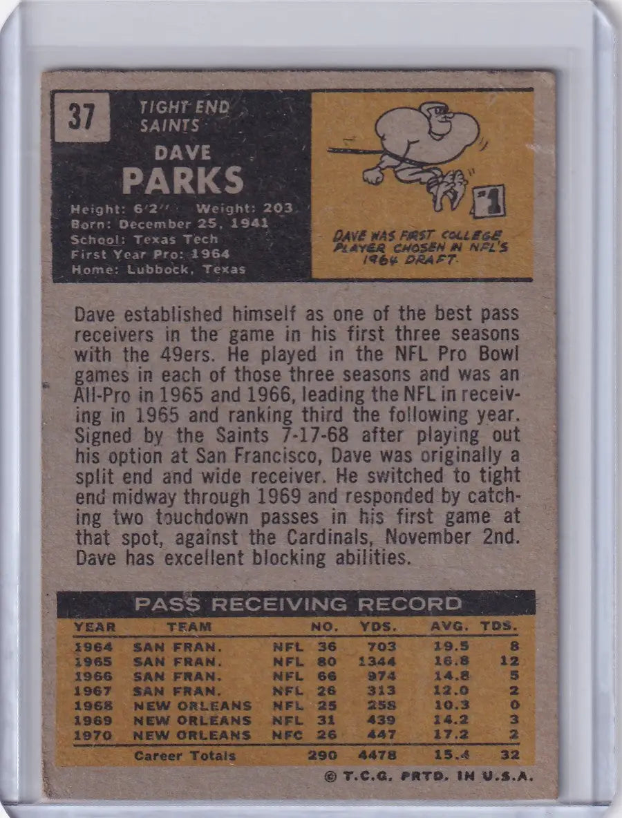 Topps Football trading card of Dave Parks from the New Orleans Saints 1969