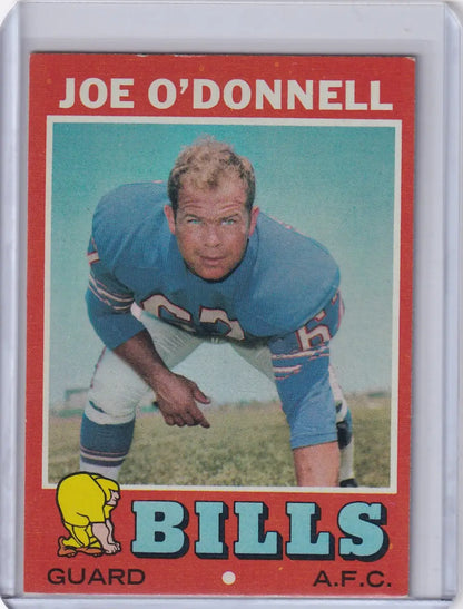 Vintage Topps Football card of Joe O’Donnell, Buffalo Bills player in crouched stance