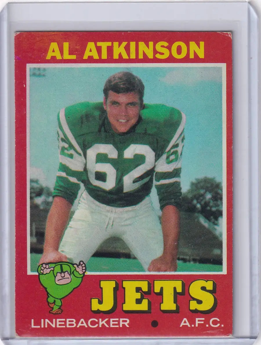 Topps Football trading card of Al Atkinson from New York Jets in green jersey 62