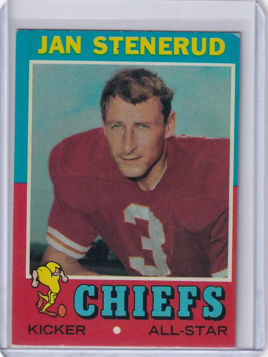 Vintage Topps Football card of Jan Stenerud in Kansas City Chiefs red jersey number 3