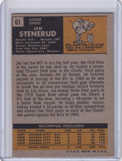 Vintage Topps Football card of Jan Stenerud from the Kansas City Chiefs