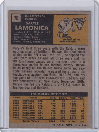 Vintage Topps Football card of Daryle Lamonica, quarterback for the Oakland Raiders