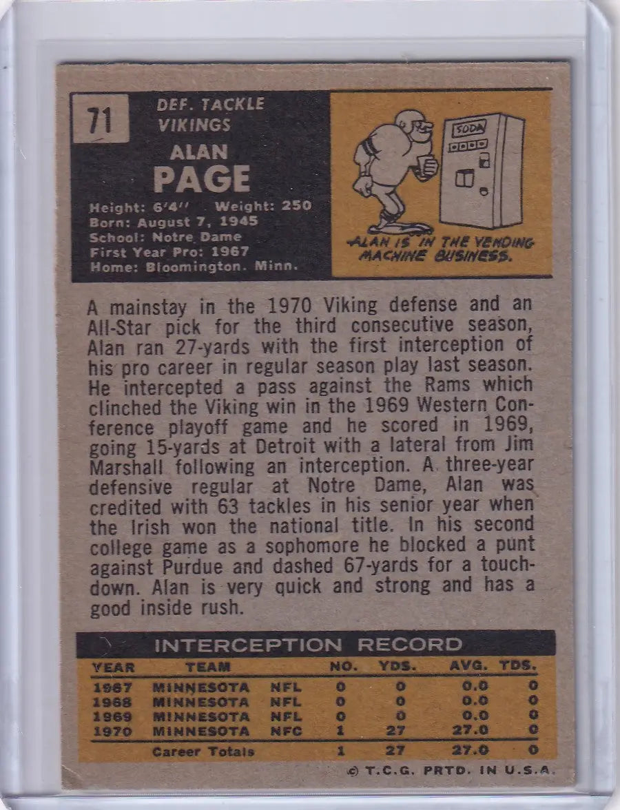 Vintage 1971 Topps Football card of Alan Page from the Minnesota Vikings