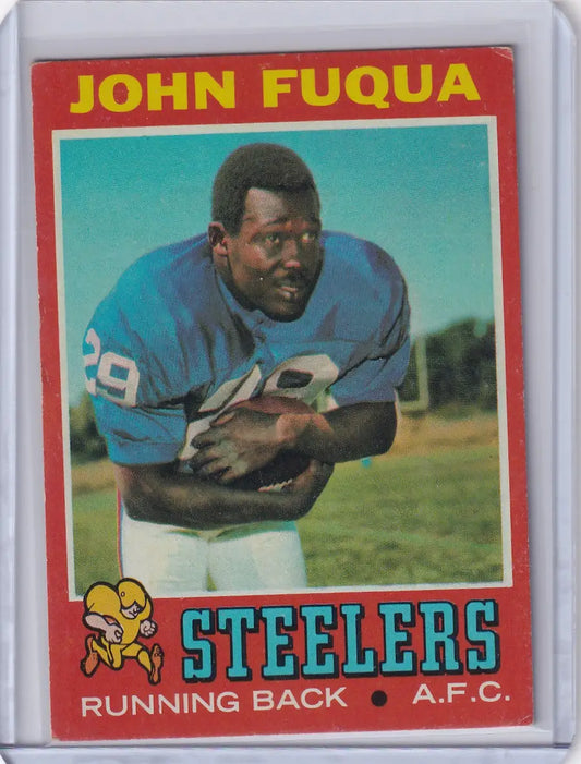 1971 Topps Football card of John Fuqua making a play for the Pittsburgh Steelers