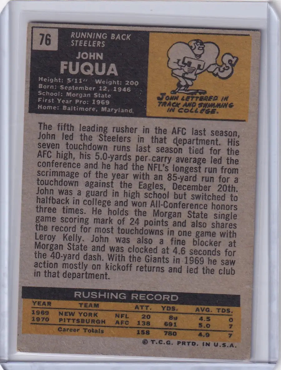 Vintage Topps Football trading card of John Fuqua from the Pittsburgh Steelers