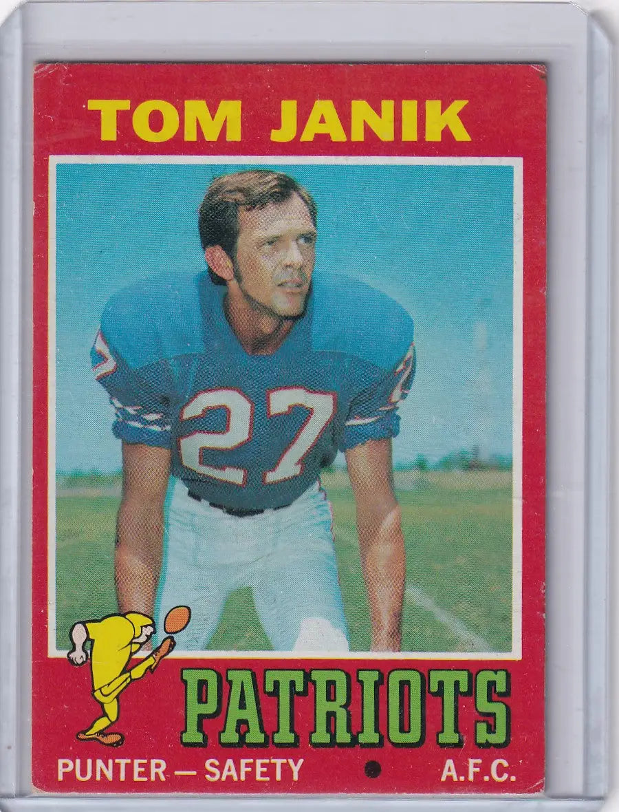 Vintage Topps Football trading card of Tom Janik, New England Patriots, jersey number 27