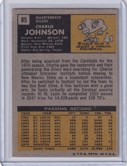 Vintage Topps Football trading card of Charley Johnson from the Houston Oilers