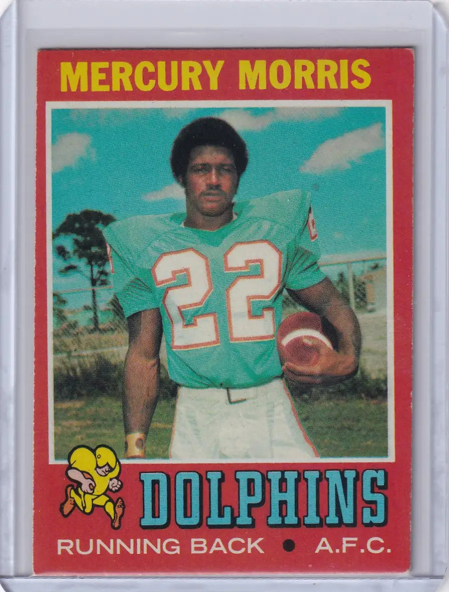 Topps Football card of Mercury Morris in Miami Dolphins teal jersey holding a football