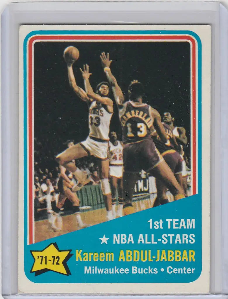 Vintage basketball trading card of Kareem Abdul-Jabbar with Milwaukee Bucks action