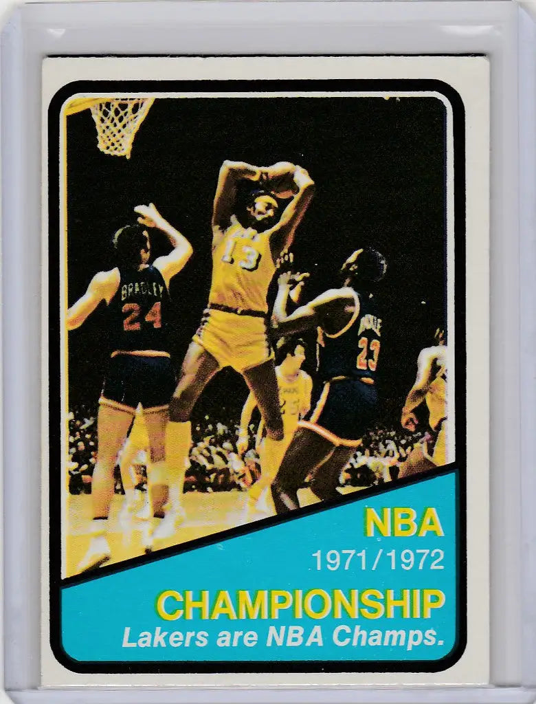 Vintage basketball trading card showcasing NBA Championship Lakers vs Knicks game action