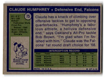 Vintage Claude Humphrey football card with original gloss from 1972 Topps #75 G Good