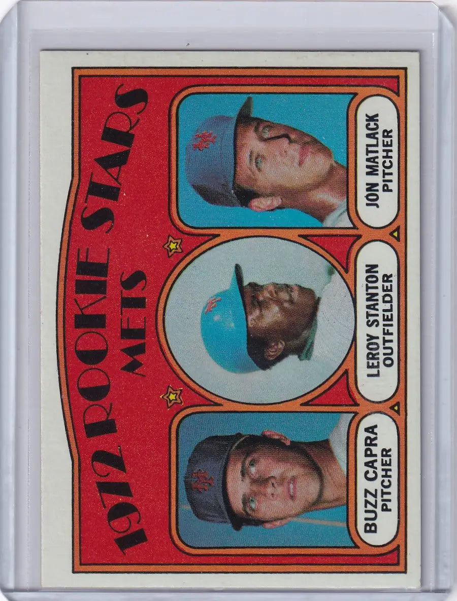 Vintage 1972 Topps Baseball card featuring Rookie Stars Capra, Stanton, and Matlack