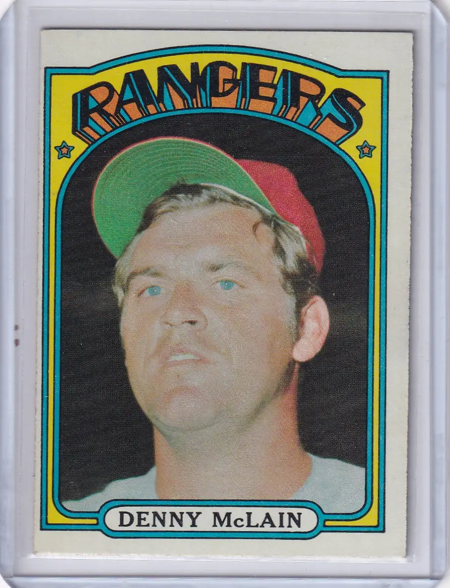 Vintage 1972 Topps Baseball card of Denny McLain with Texas Rangers cap