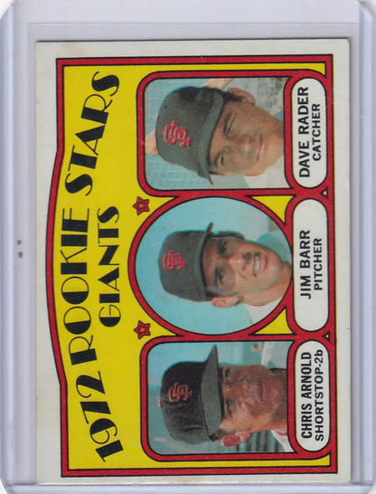 Vintage 1972 Topps Baseball card featuring rookie stars Arnold, Barr, and Rader