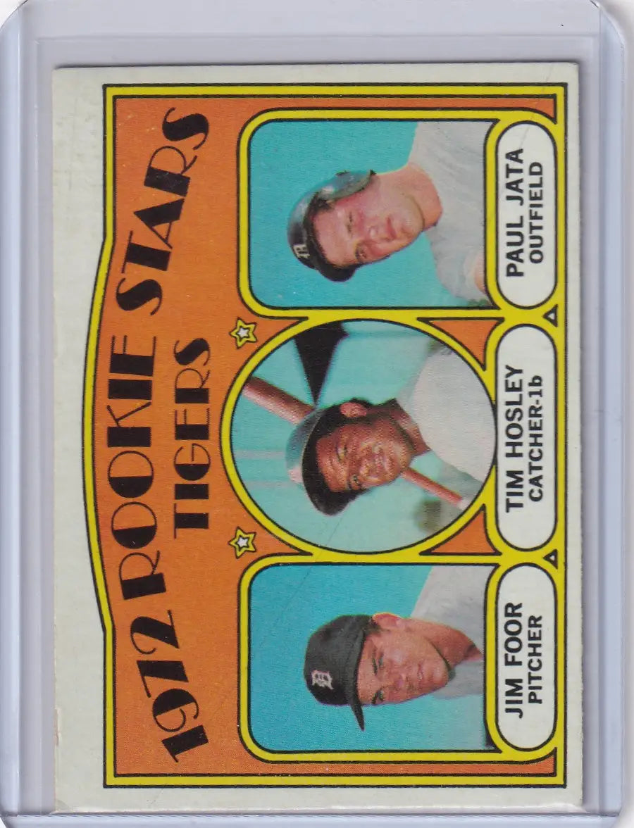 Vintage 1972 Topps Baseball card featuring rookie stars Foor, Hosley, and Jata