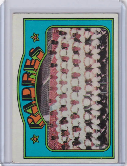 Vintage baseball card of the San Diego Padres team in uniform from 1972 Topps