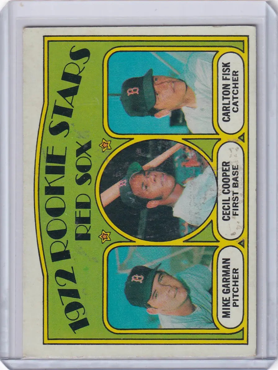 1972 Topps Baseball card featuring Red Sox rookie stars Garman, Cooper, and Carlton Fisk