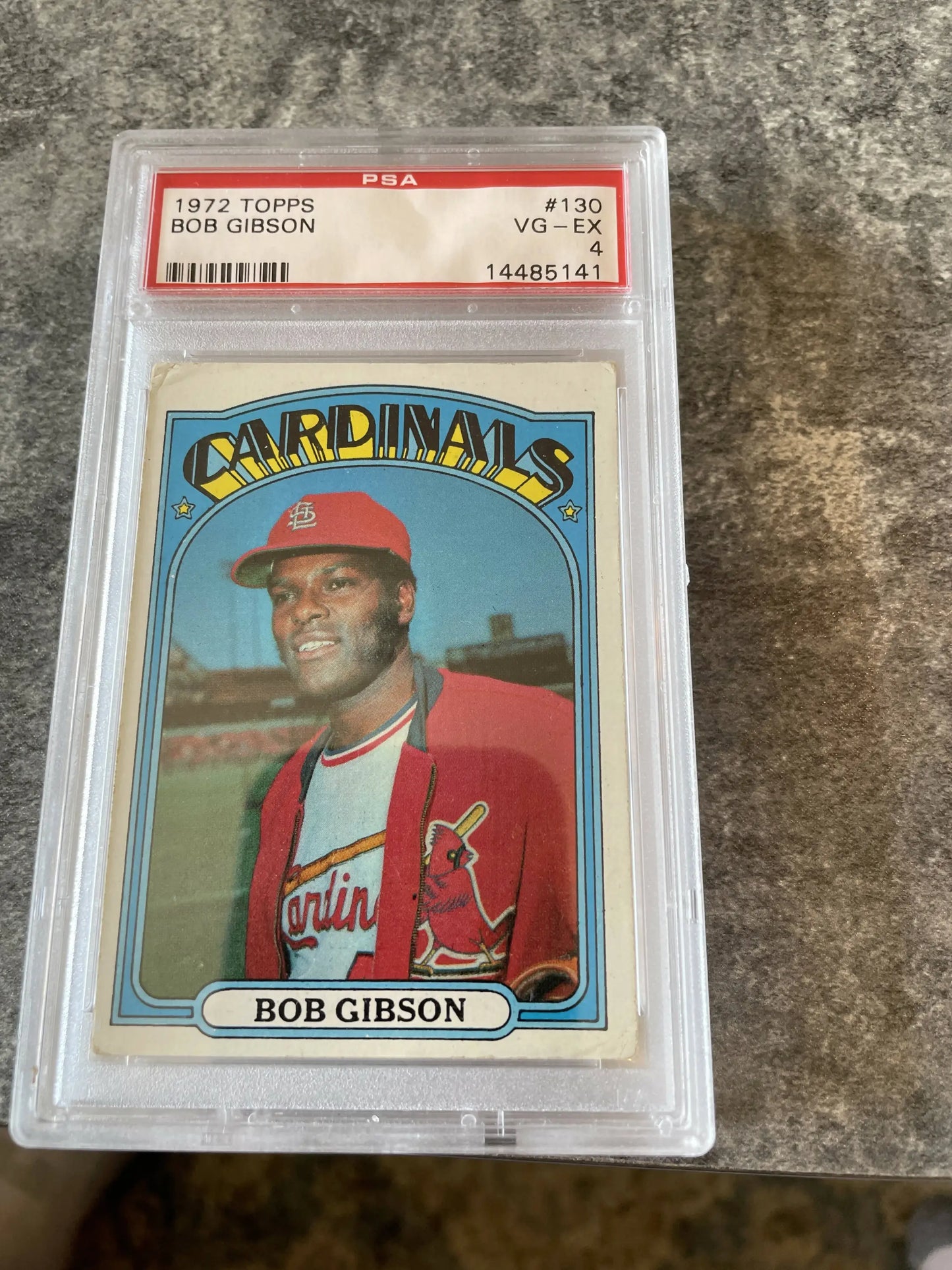 Graded 1972 Topps Bob Gibson PSA 4 baseball card in protective case from St. Louis Cardinals