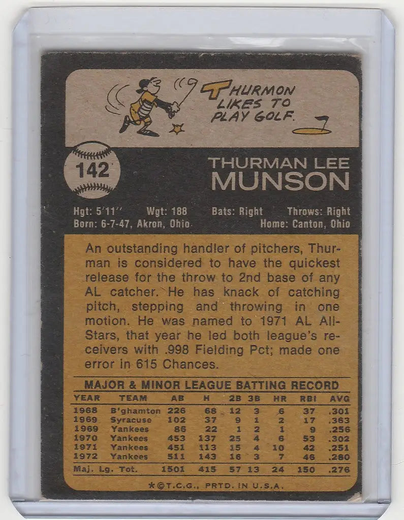 Thurman Munson baseball card for New York Yankees featuring player stats and illustration