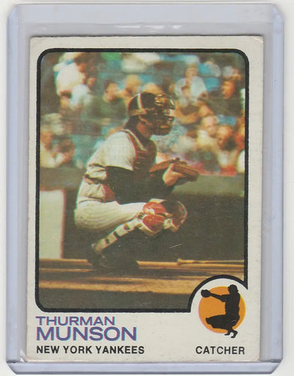 Thurman Munson crouched as New York Yankees catcher on 1973 Topps trading card