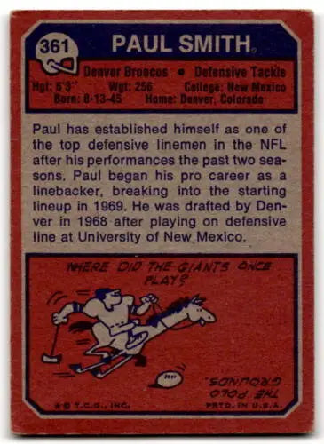 Vintage football card of Paul Smith, featuring original gloss from 1973 Topps #361