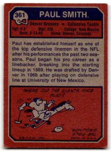 Vintage 1973 Topps #361 Paul Smith G Good football card with original gloss