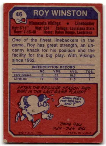 Vintage Roy Winston football card from 1973 Topps #46 with original gloss details