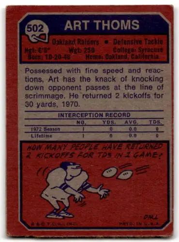 Vintage Art Thoms football card 1973 Topps #502 original gloss fair RC rookie Raiders