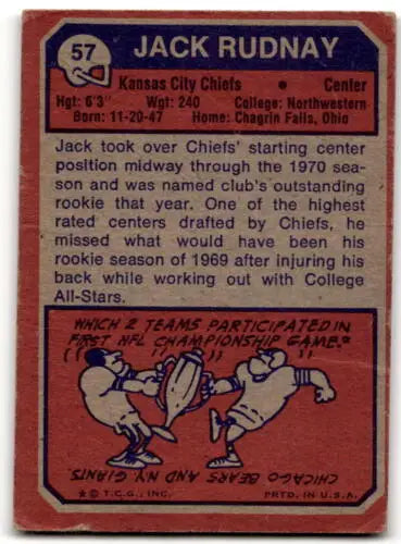 Vintage Jack Rudnay football card with original gloss from 1973 Topps Chiefs rookie set