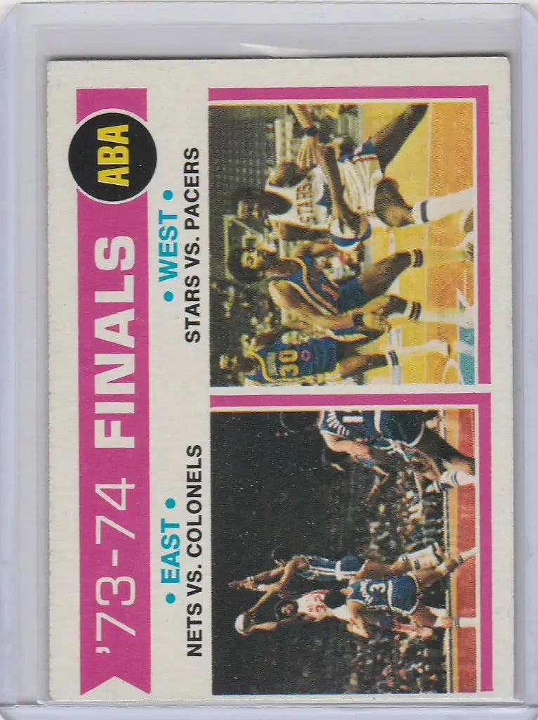 Vintage basketball trading card featuring 1973-74 NBA Finals with Nets sweep Colonels action