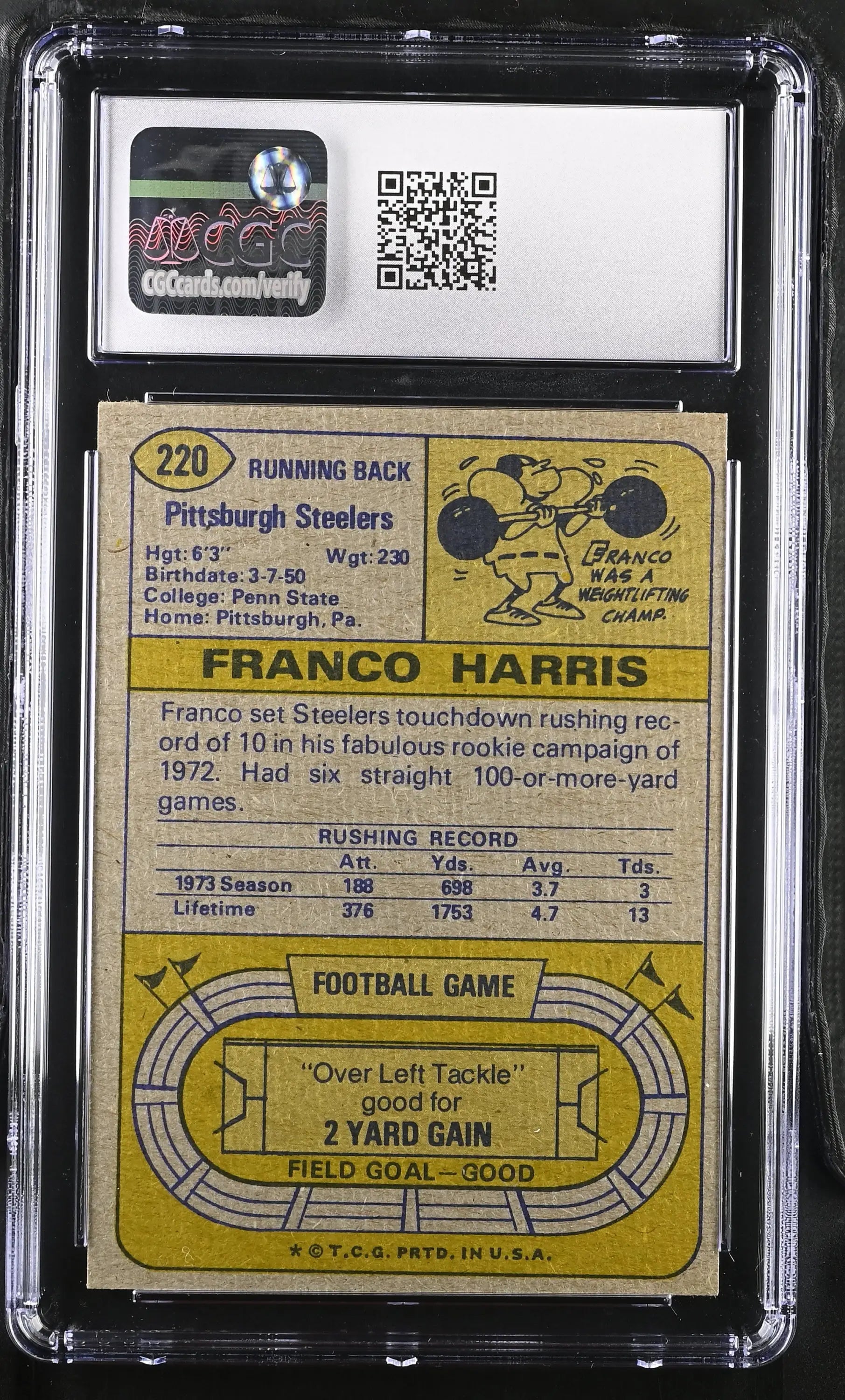 Vintage Franco Harris trading card displayed in a protective case for collectors