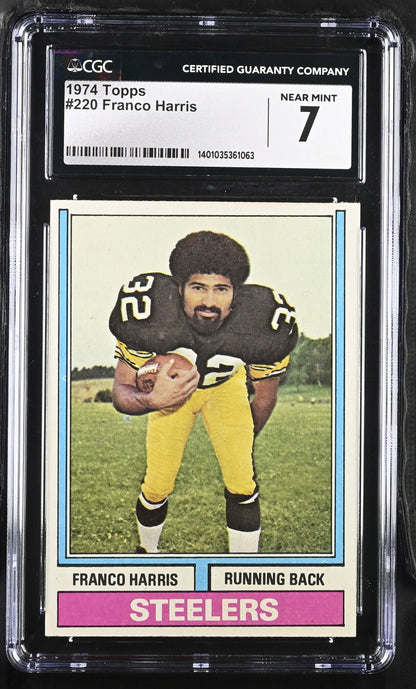 Graded 1974 Topps Franco Harris football card in protective case for collectors