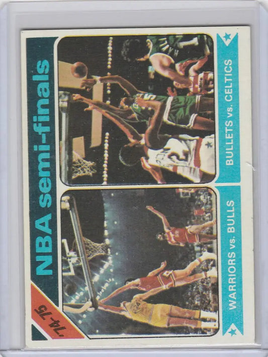 Vintage basketball trading card featuring NBA Playoff Semis Warriors edge Bulls EXMT