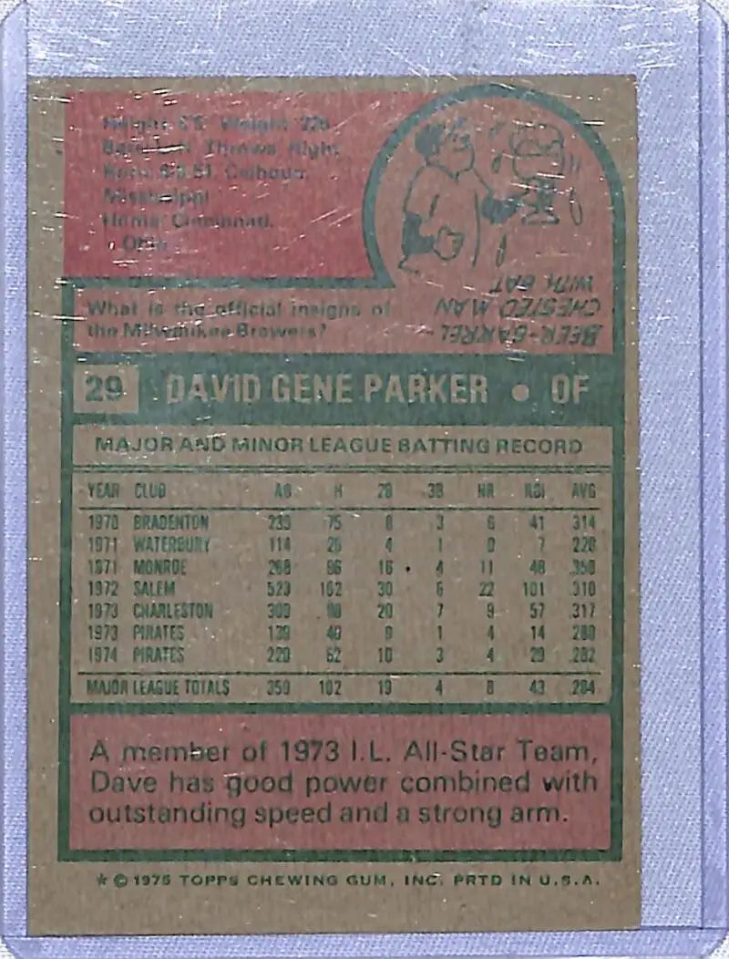 Vintage 1975 Topps baseball card featuring Dave Parker of the Pittsburgh Pirates