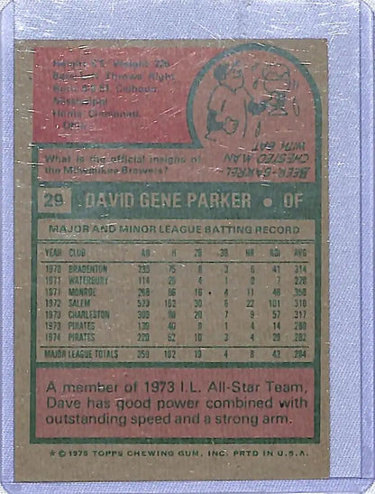 Vintage 1975 Topps baseball card featuring Dave Parker of the Pittsburgh Pirates