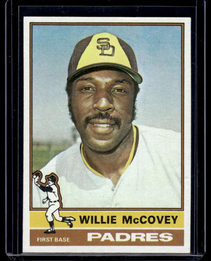 Vintage San Diego Padres baseball card of Willie McCovey in yellow and brown cap