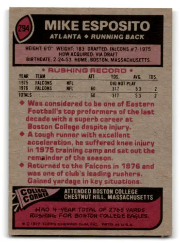 Mike Esposito football card from 1977 Topps, original gloss, Excellent Falcons collectible